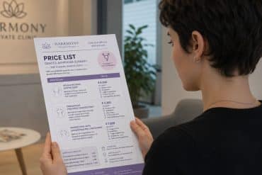ragazza in clinica privata legge il listino prezzi per la mastectomia per affermazione dl genere