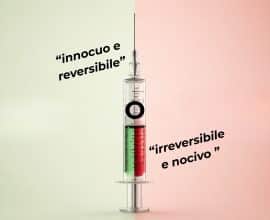 una siringa con parte del contenuto verse (reversibile e innocuo) e parte del farmaco rosso (irreversibile e nocivo)
