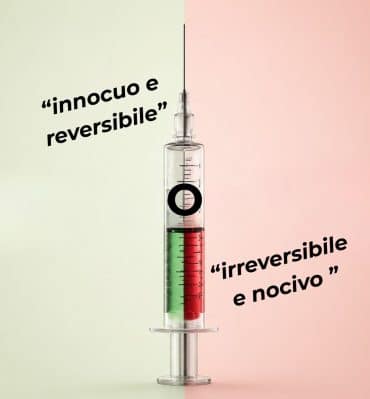 una siringa con parte del contenuto verse (reversibile e innocuo) e parte del farmaco rosso (irreversibile e nocivo)