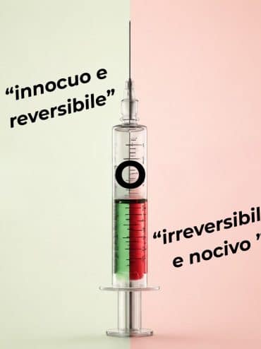 una siringa con parte del contenuto verse (reversibile e innocuo) e parte del farmaco rosso (irreversibile e nocivo)