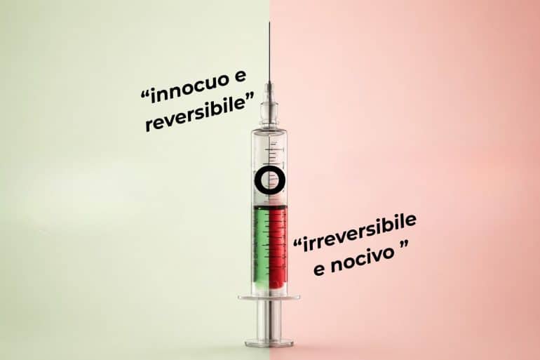 una siringa con parte del contenuto verse (reversibile e innocuo) e parte del farmaco rosso (irreversibile e nocivo)