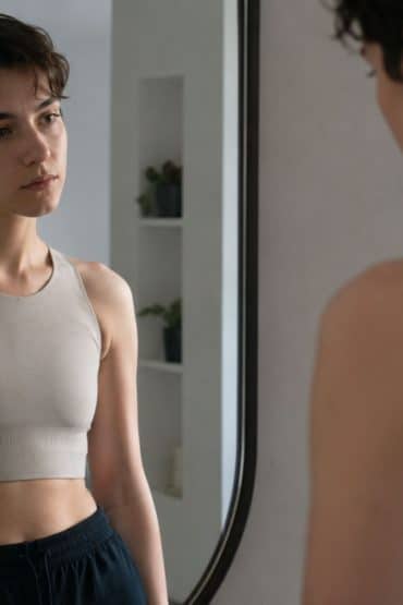 una ragazza mascolina si guarda allo specchio