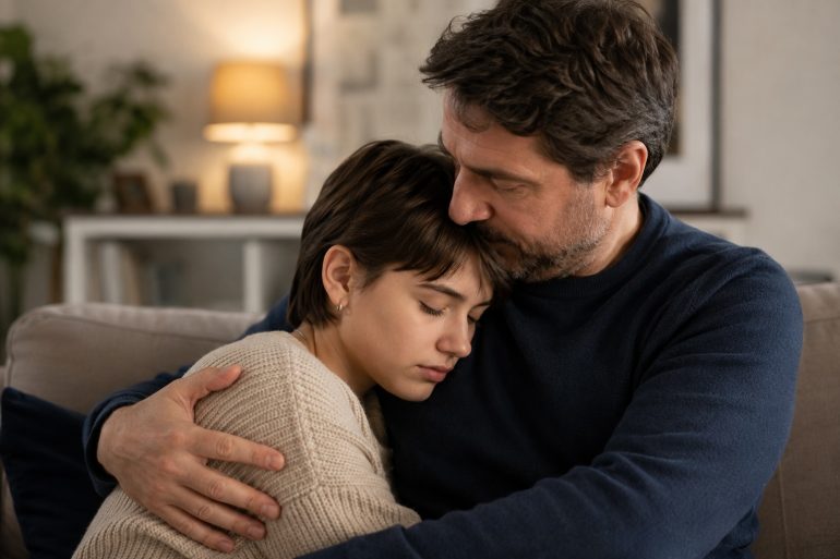 una ragazza si fa consolare da sua padre